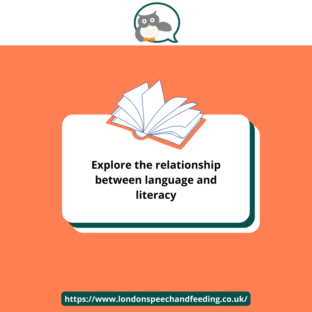 The image shows an open book on a caption saying Explore the relationship between language and literacy