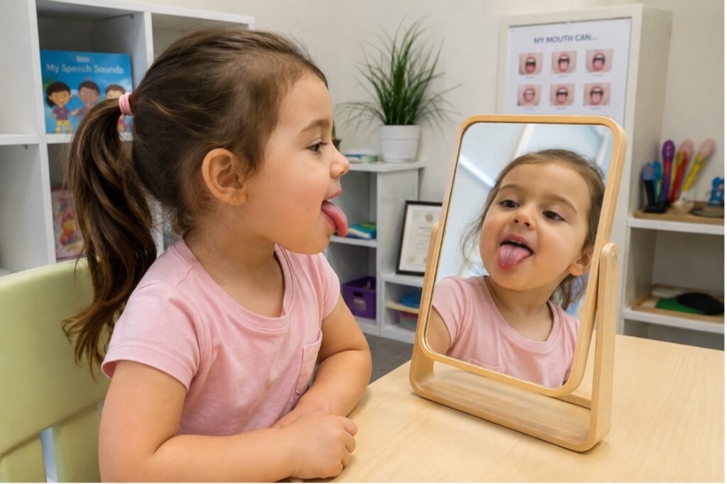 Girl looking at herself in a mirror and looking at her tongue